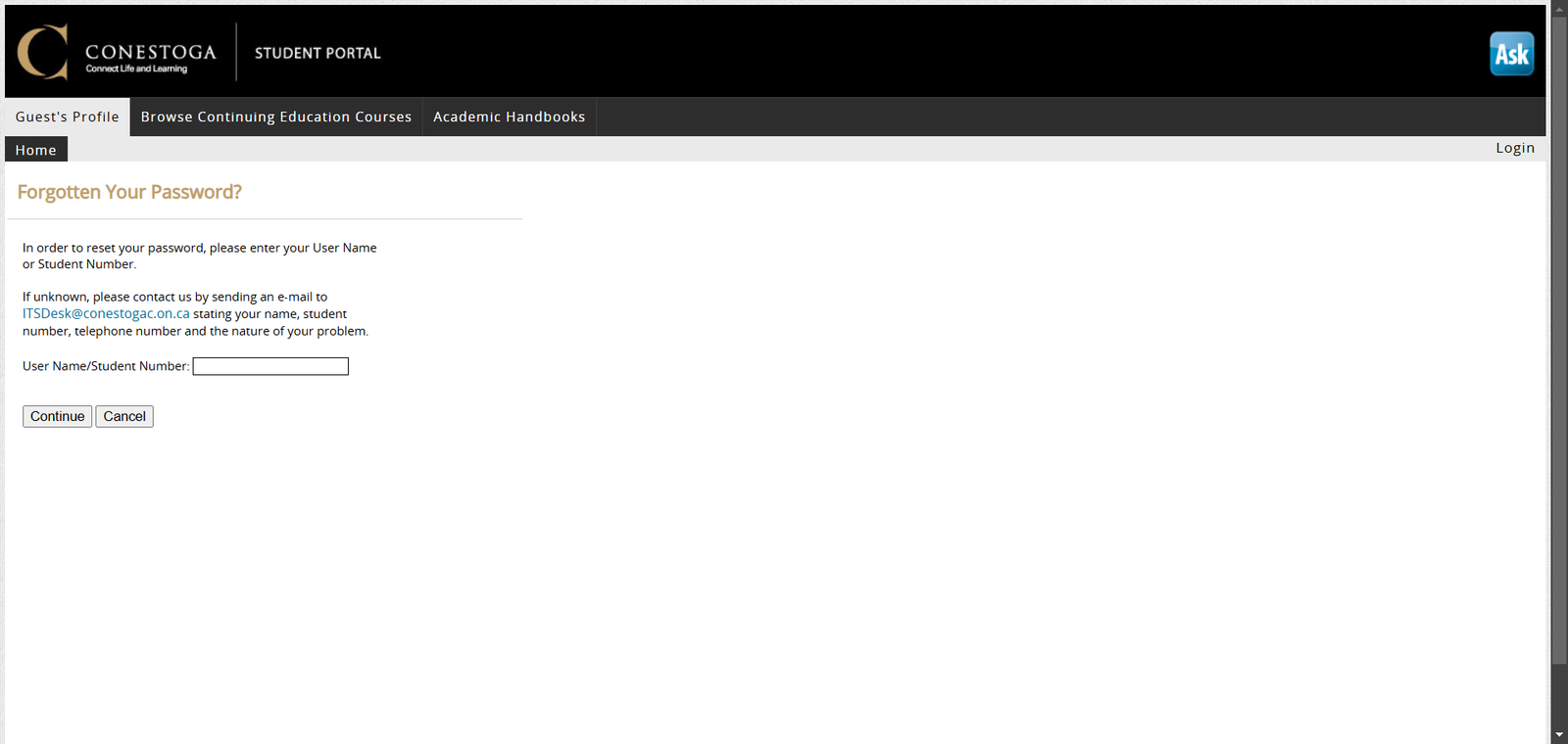 Conestoga Student Portal forgot password page
